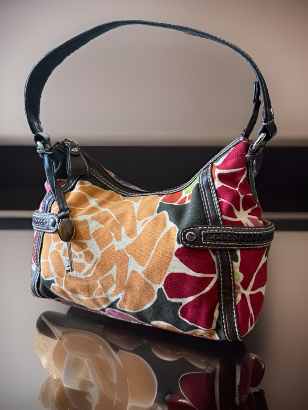 Vintage Y2K Fossil ZB2588 Floral Canvas Leather Baguette Shoulder Bag Purse